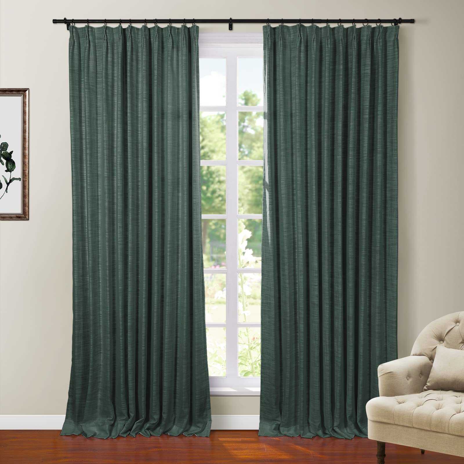 Twopages Faux Linen Curtain 96 Inches Long Blackout Hunter Green Textured Curtain With Liner For Living Room Thermal Insulated D